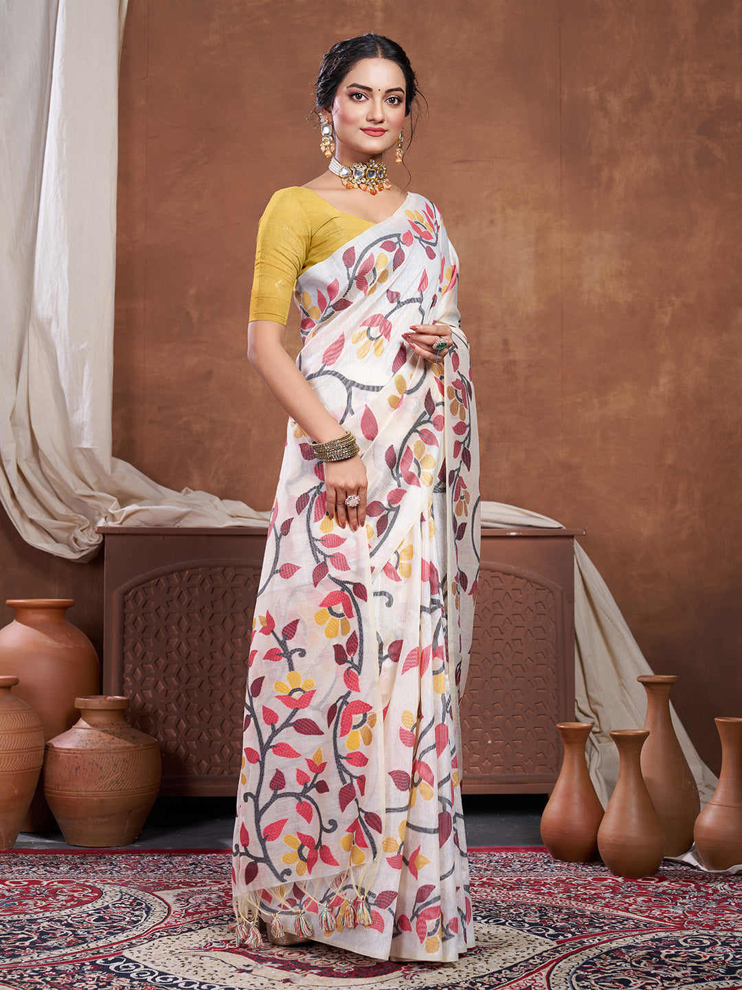 Dhiyona GR Women's Keeyah White & Red Muslin Cotton Jamdani Saree