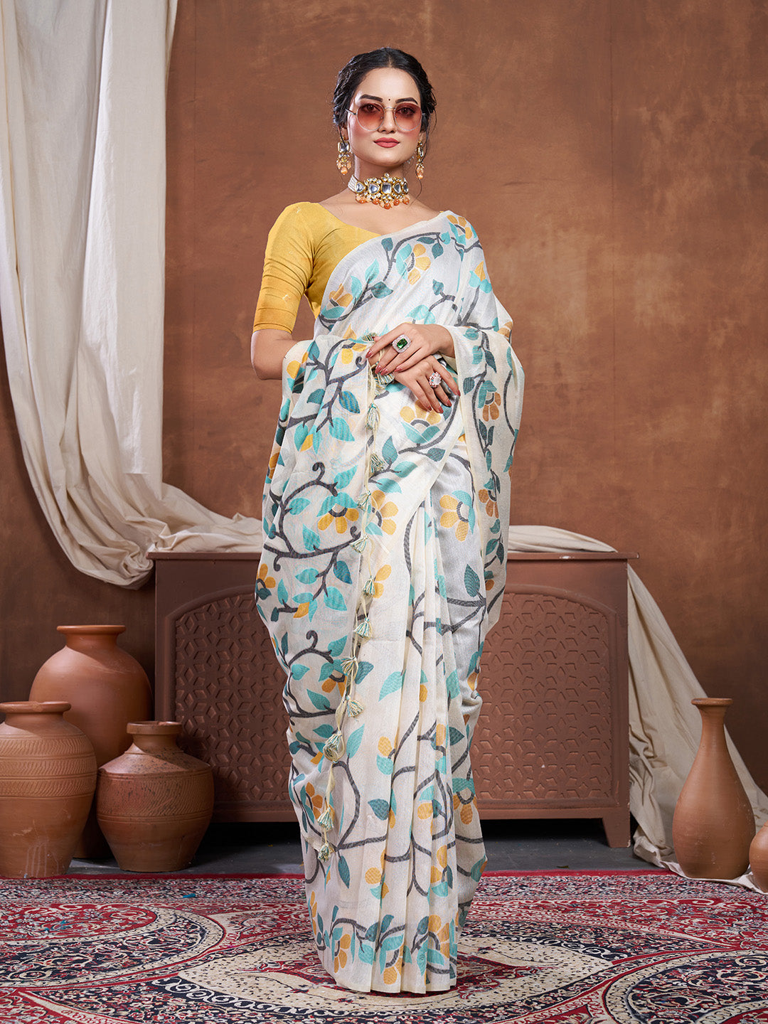 Dhiyona GR Women's Keeyah White & Turquoise Muslin Cotton Jamdani Saree