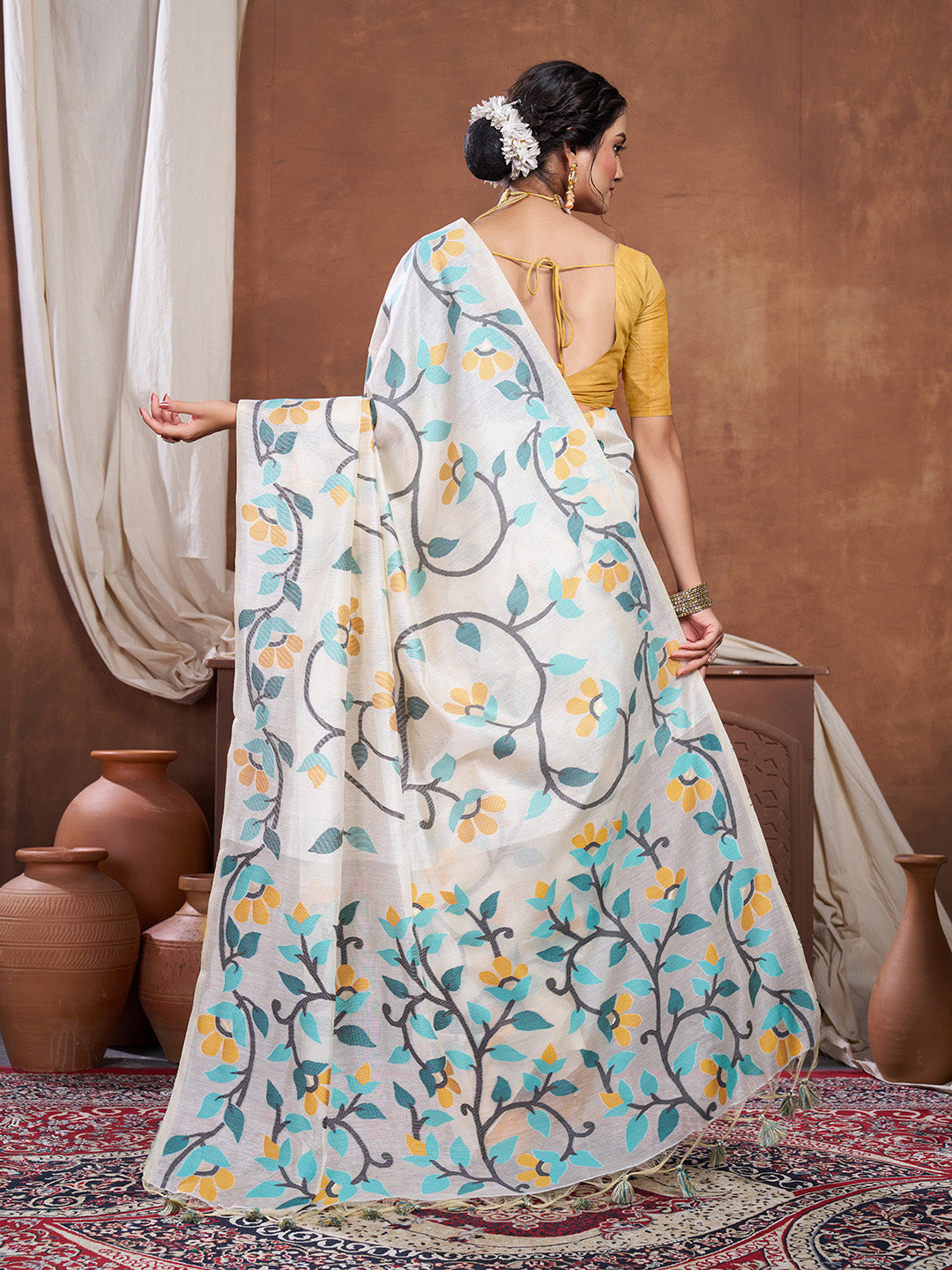 Dhiyona GR Women's Keeyah White & Turquoise Muslin Cotton Jamdani Saree