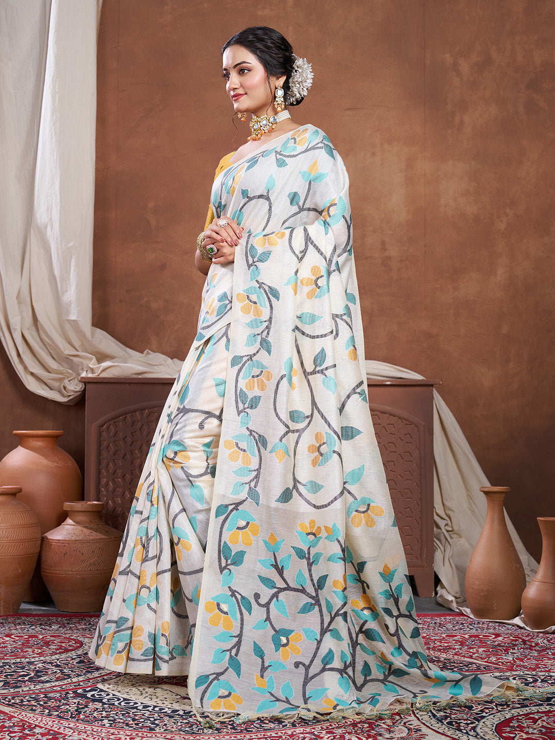 Dhiyona GR Women's Keeyah White & Turquoise Muslin Cotton Jamdani Saree