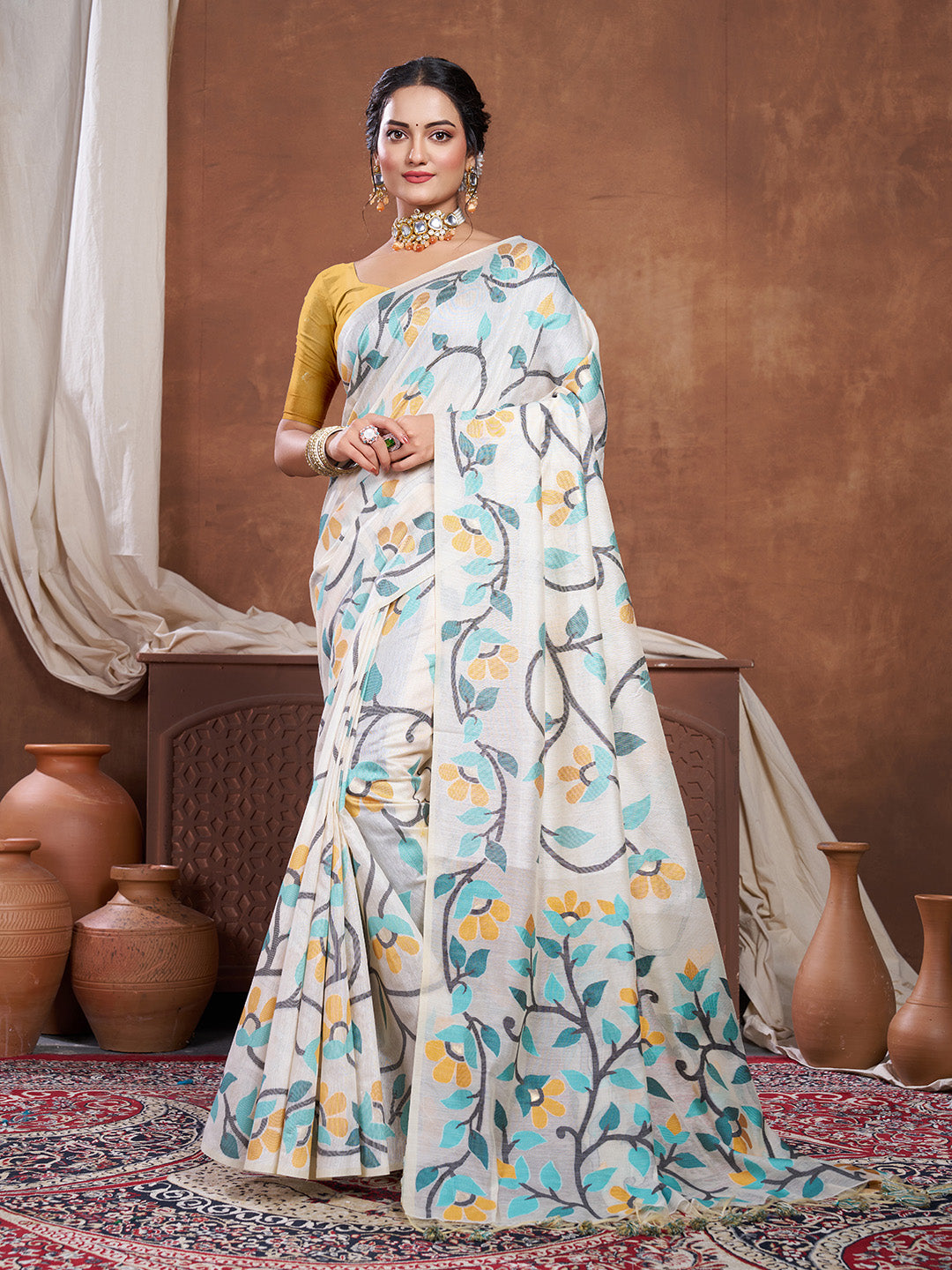 Dhiyona GR Women's Keeyah White & Turquoise Muslin Cotton Jamdani Saree