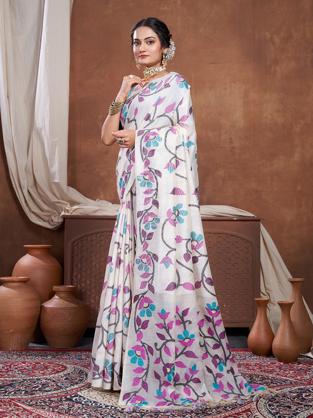 Dhiyona GR Women's Keeyah White & Wine Muslin Cotton Jamdani Saree