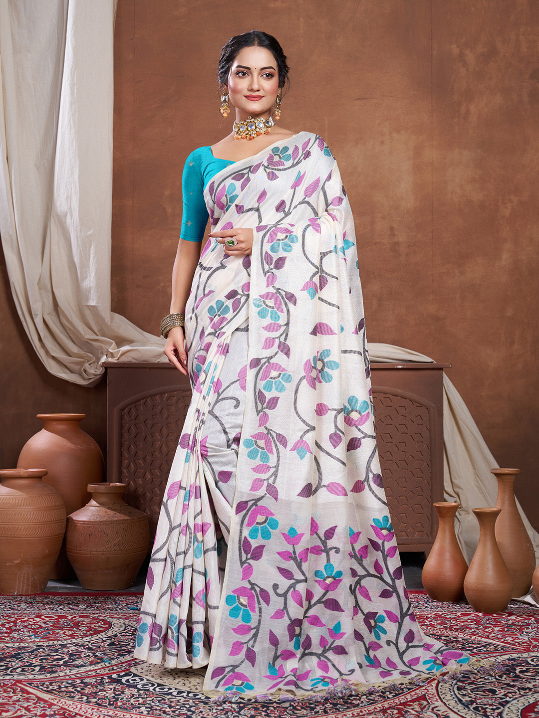 Dhiyona GR Women's Keeyah White & Wine Muslin Cotton Jamdani Saree