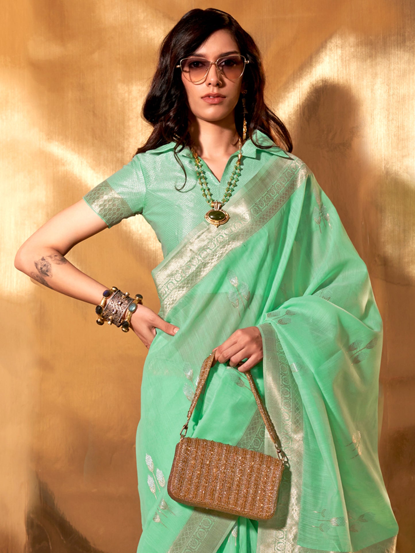 Women's Linen Sea Green Woven Design Designer Saree With Blouse Piece