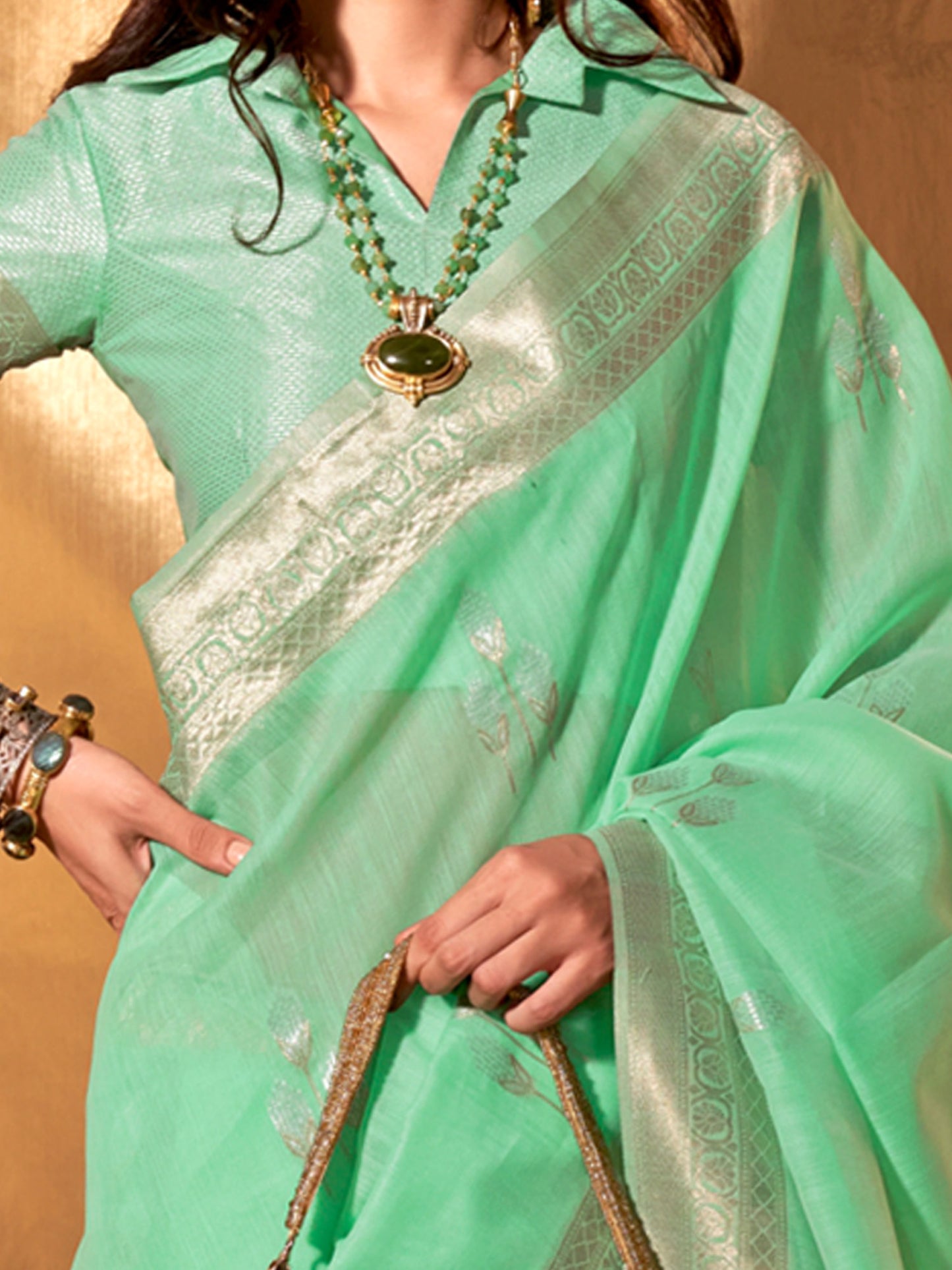 Women's Linen Sea Green Woven Design Designer Saree With Blouse Piece