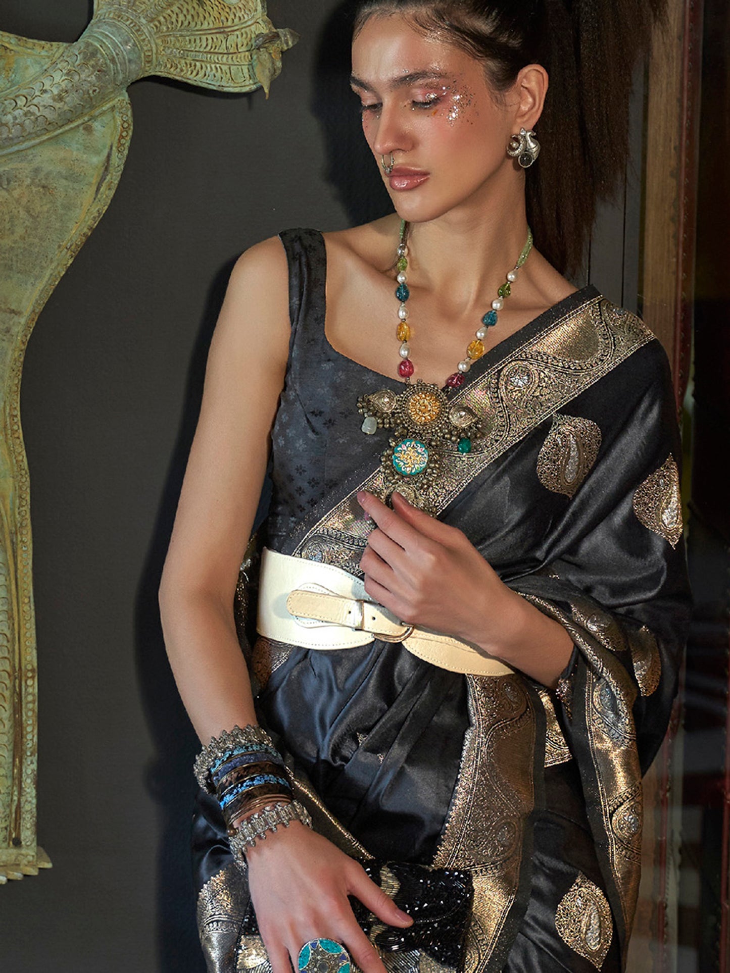 Women's Silk Blend Black Woven Design Designer Saree With Blouse Piece