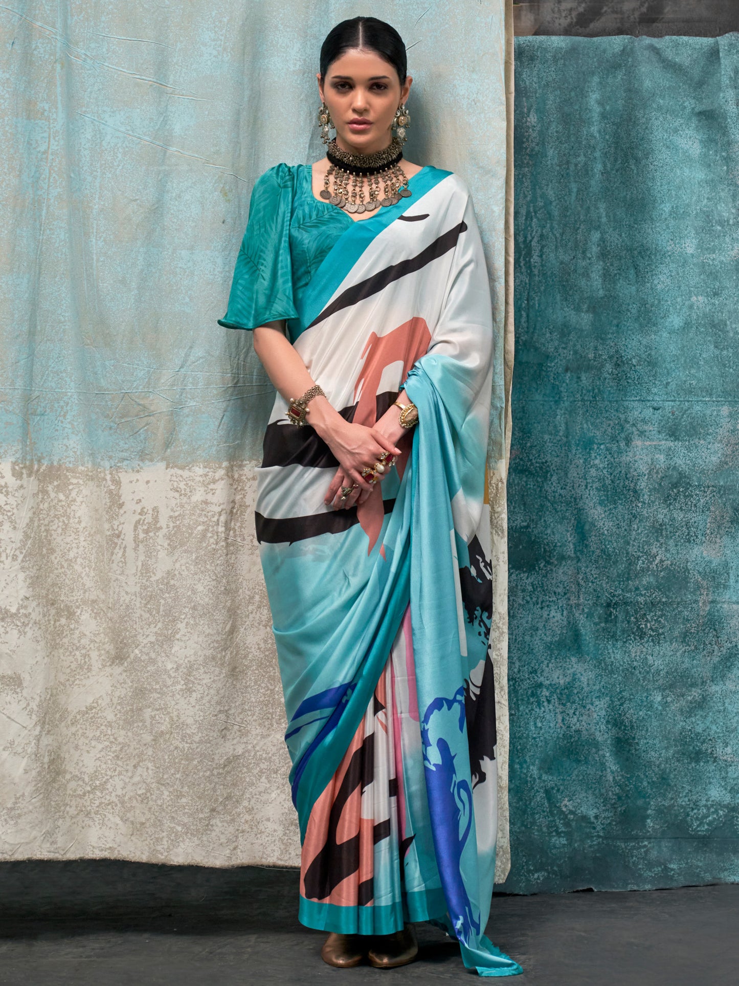 Women's Crepe Light Blue Printed Designer Saree With Blouse Piece