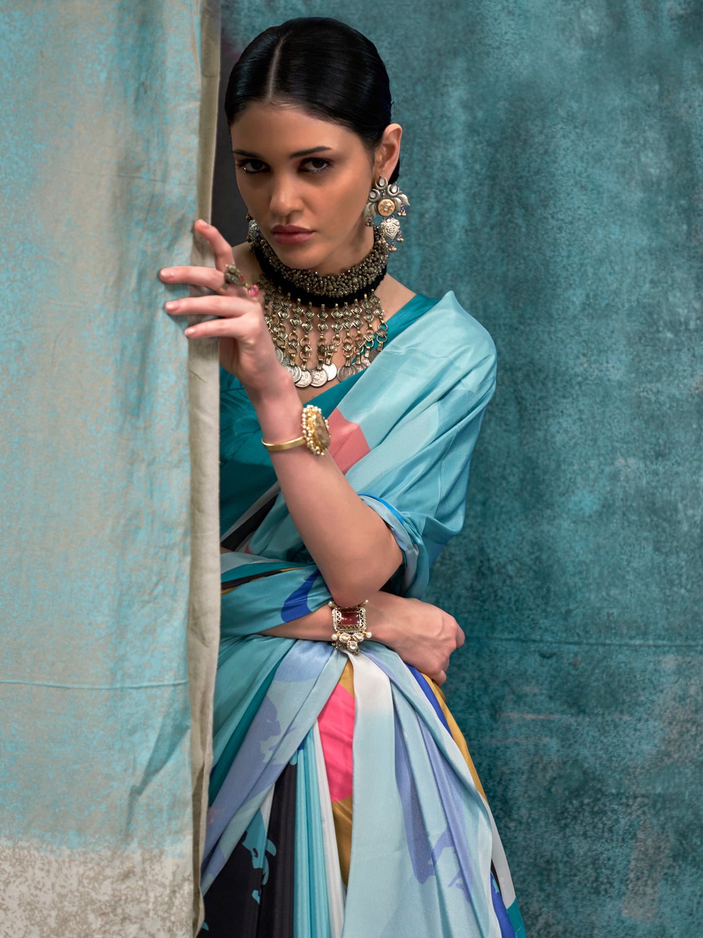 Women's Crepe Light Blue Printed Designer Saree With Blouse Piece