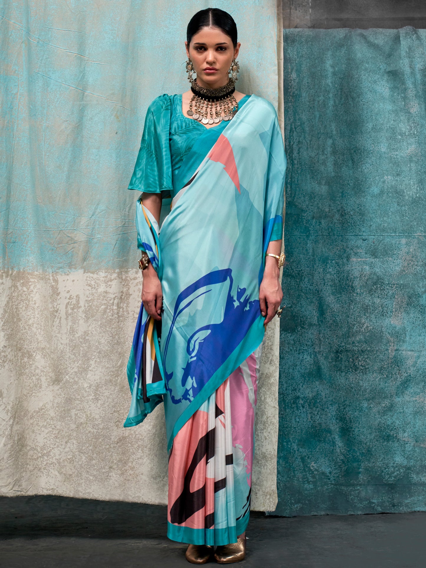 Women's Crepe Light Blue Printed Designer Saree With Blouse Piece