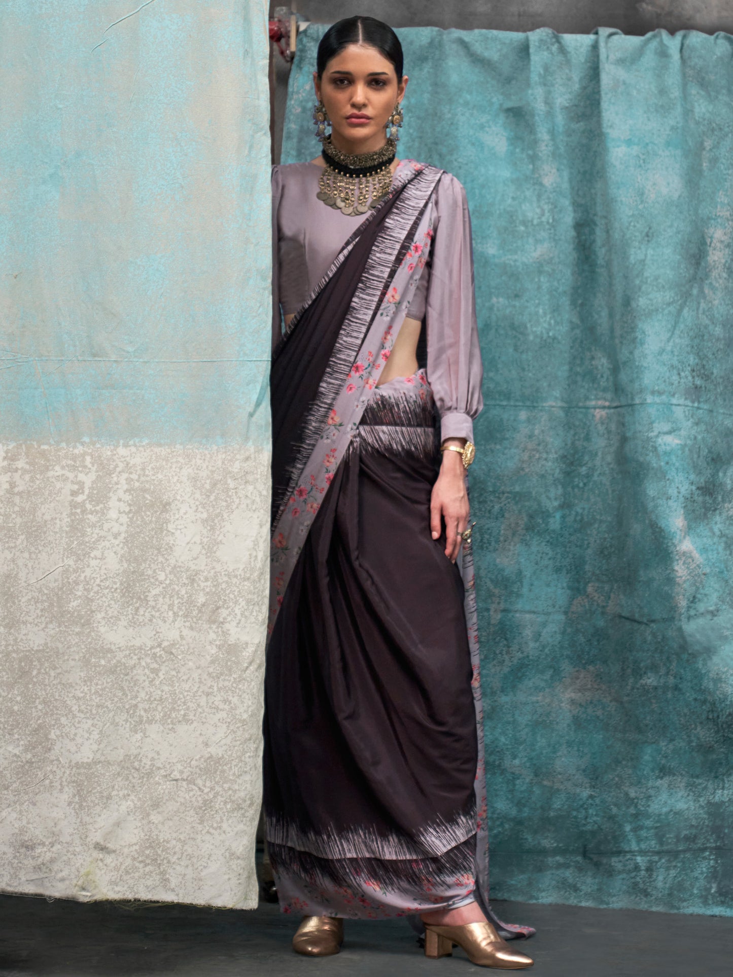Women's Crepe Black Printed Designer Saree With Blouse Piece