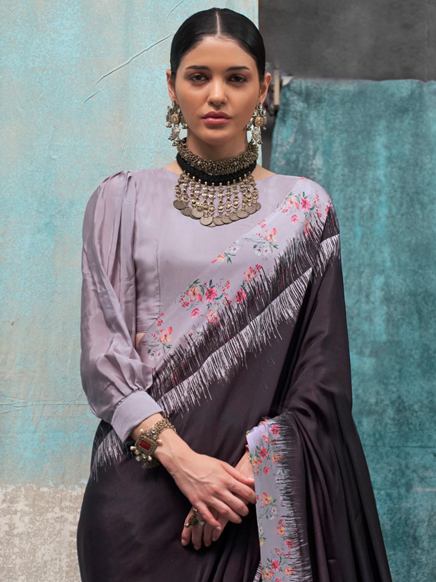 Women's Crepe Black Printed Designer Saree With Blouse Piece