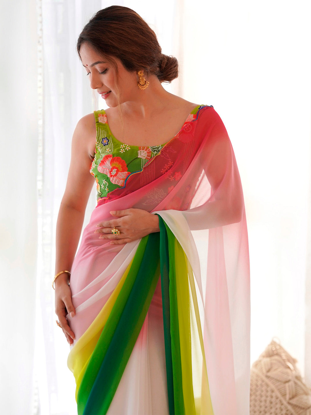 Women's Georgette Light Green Embellished Designer Saree With Blouse Piece