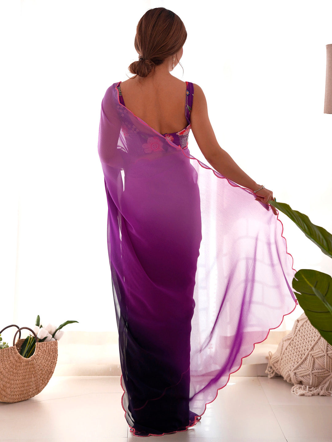 Women's Georgette Purple Embellished Designer Saree With Blouse Piece