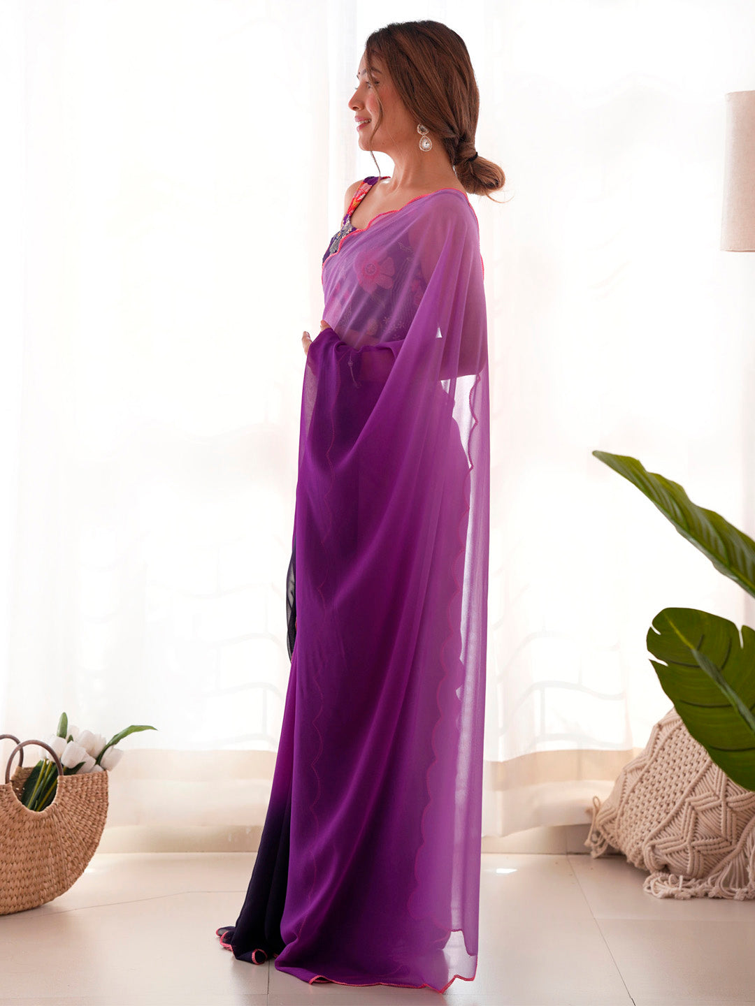 Women's Georgette Purple Embellished Designer Saree With Blouse Piece
