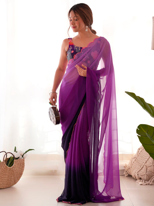 Women's Georgette Purple Embellished Designer Saree With Blouse Piece