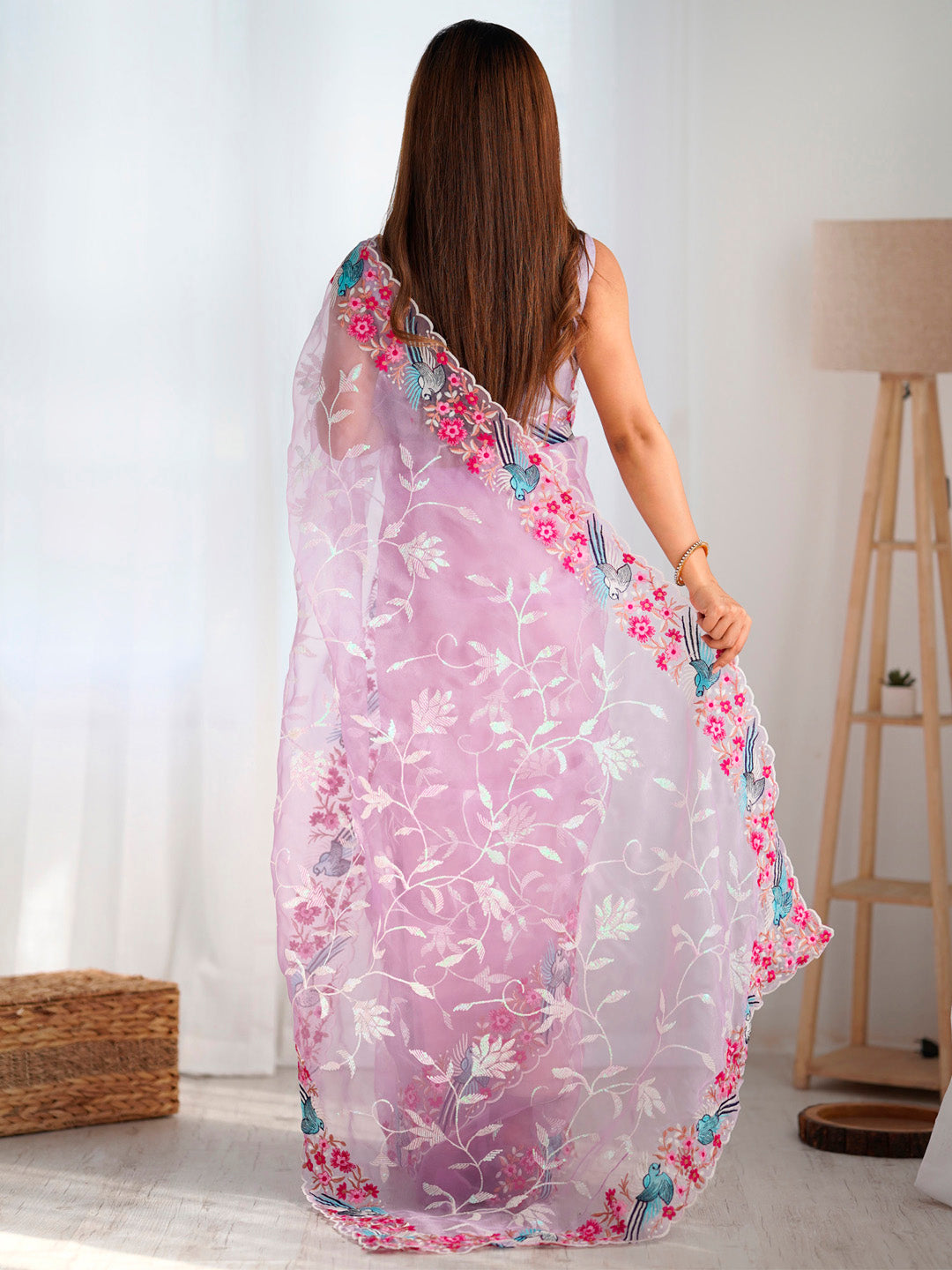 Women's Organza Lavendar Embroidered Designer Saree With Blouse Piece
