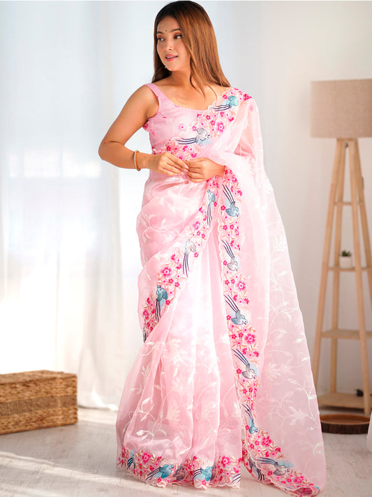 Women's Organza Pink Embroidered Designer Saree With Blouse Piece