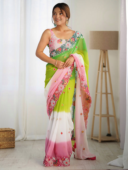Women's Georgette Pink Embellished Designer Saree With Blouse Piece