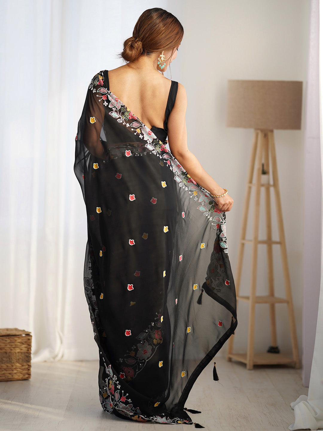 Women's Georgette Black Embellished Designer Saree With Blouse Piece