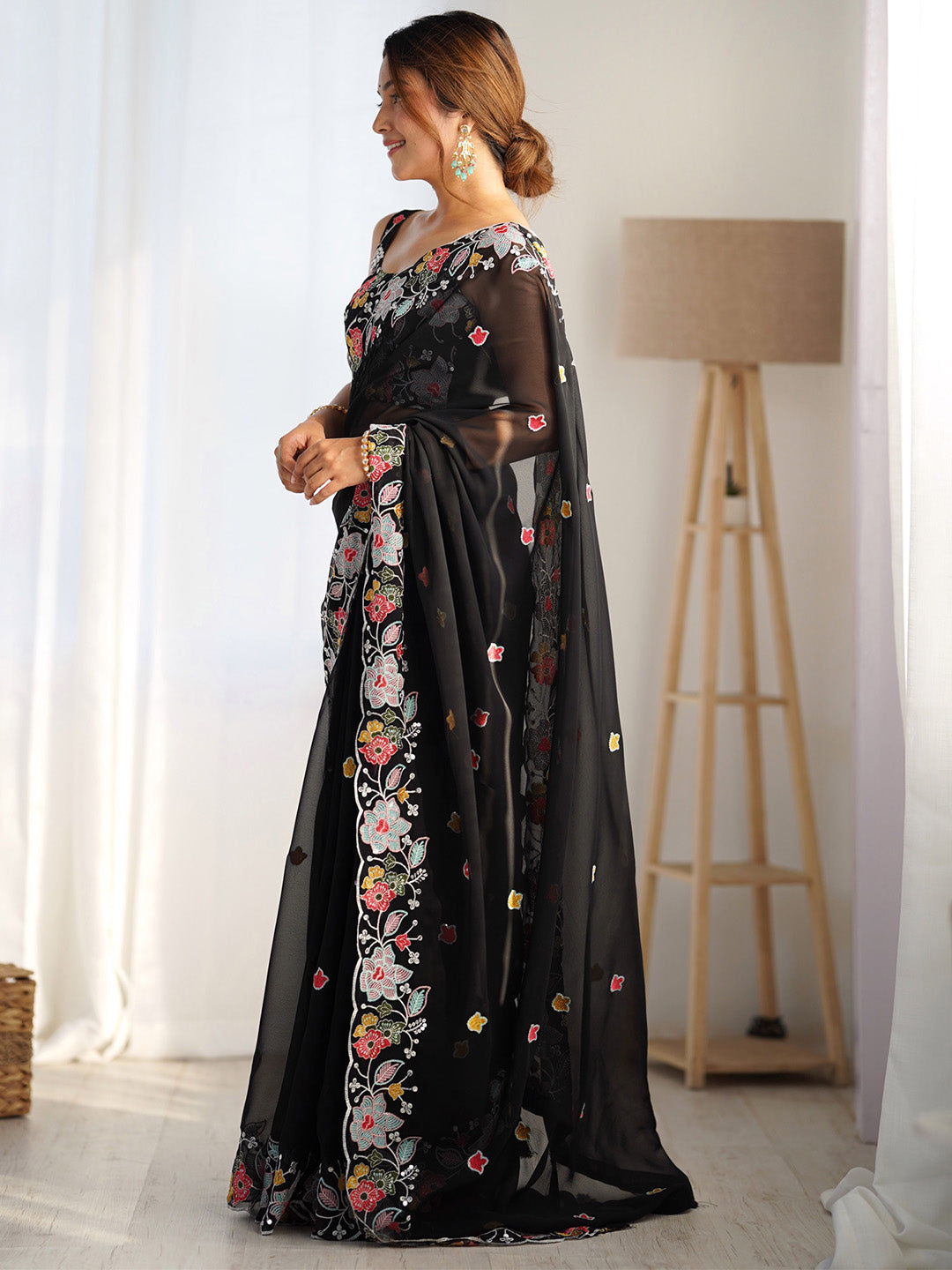 Women's Georgette Black Embellished Designer Saree With Blouse Piece