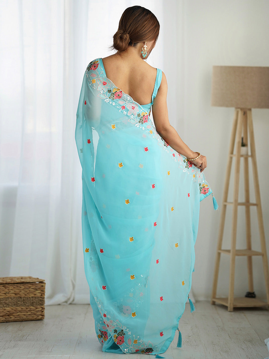 Women's Georgette Light Blue Embellished Designer Saree With Blouse Piece