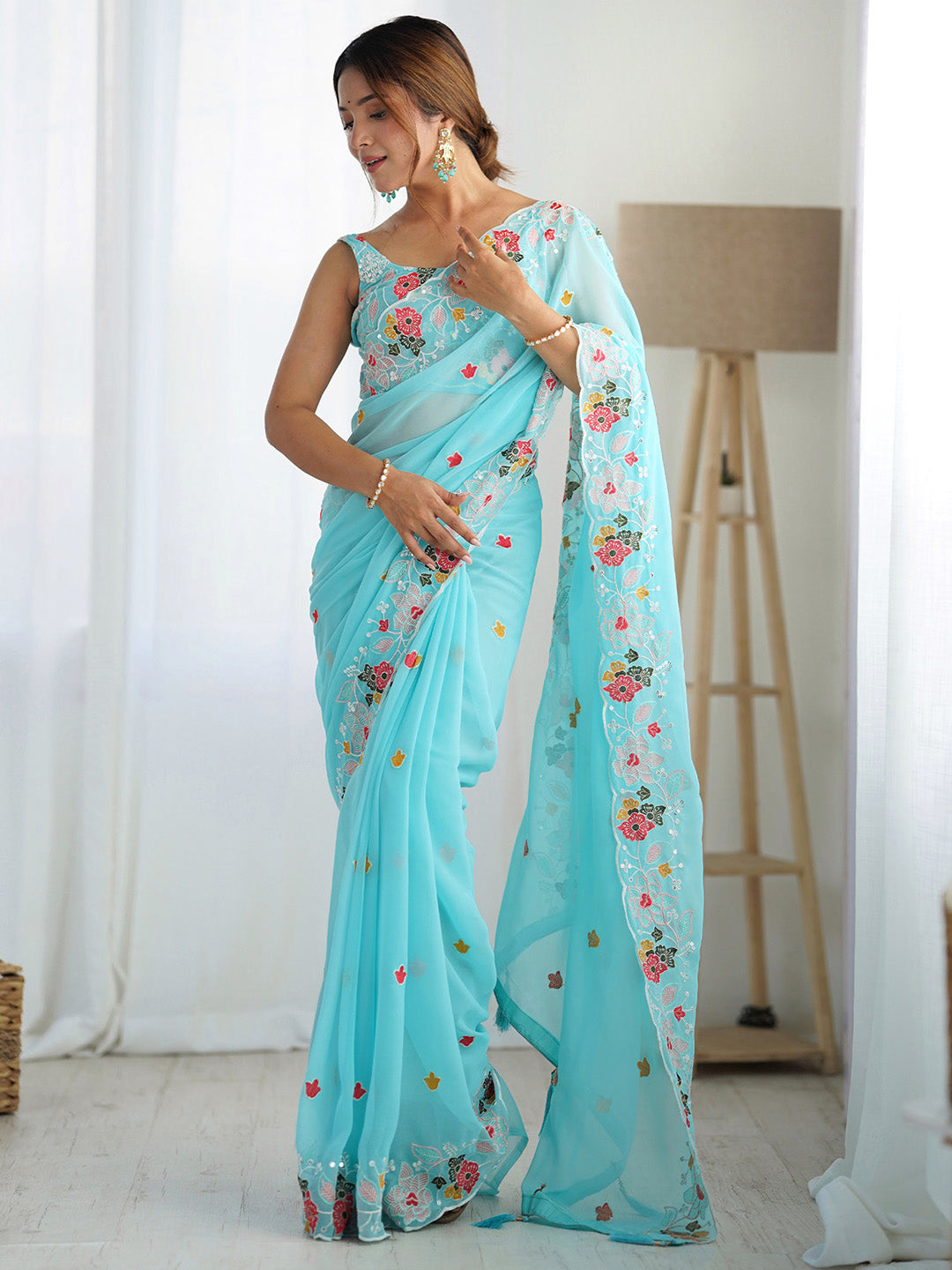 Women's Georgette Light Blue Embellished Designer Saree With Blouse Piece