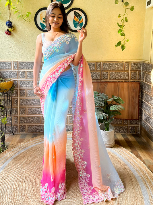 Women's Georgette Light Blue Embellished Designer Saree With Blouse Piece