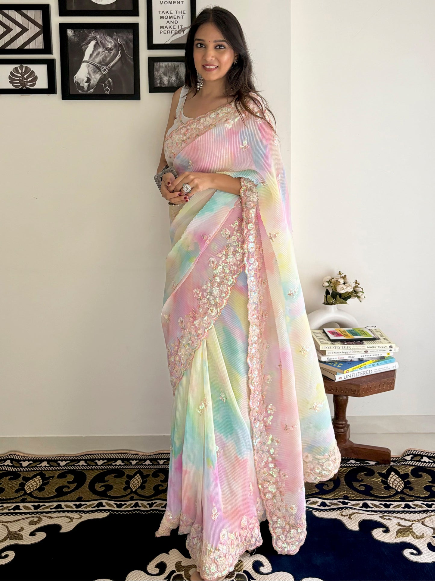 Women's Georgette Multicolored Embellished Designer Saree With Blouse Piece