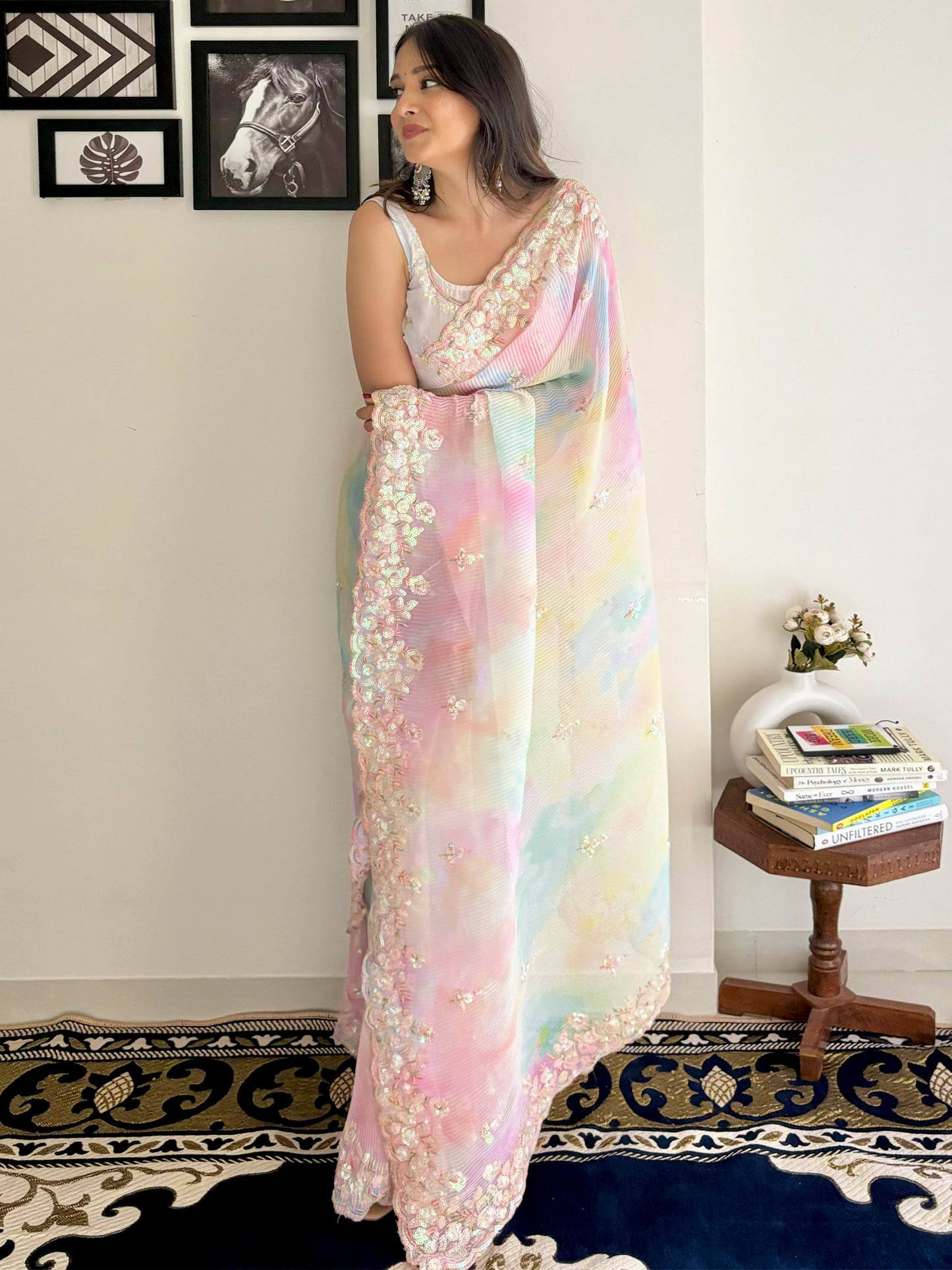 Women's Georgette Multicolored Embellished Designer Saree With Blouse Piece