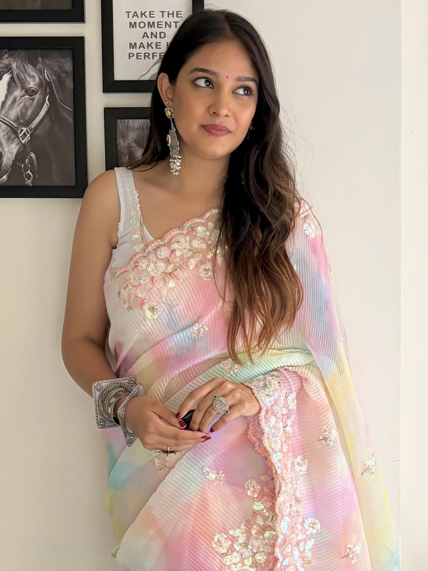 Women's Georgette Multicolored Embellished Designer Saree With Blouse Piece