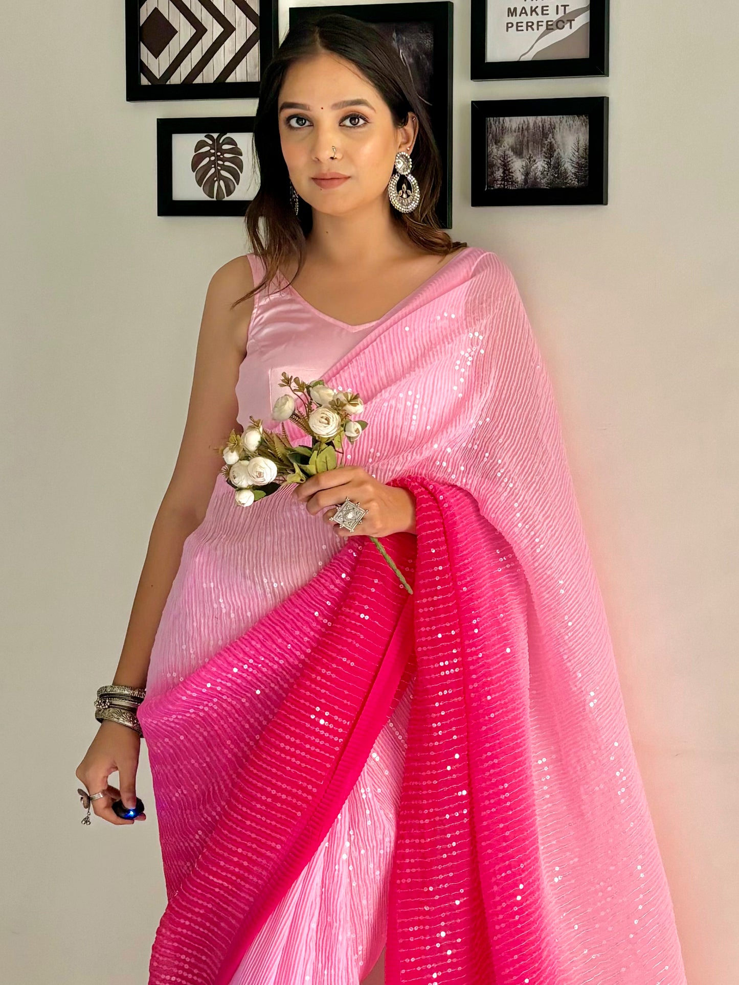 Women's Georgette Pink Embellished Designer Saree With Blouse Piece