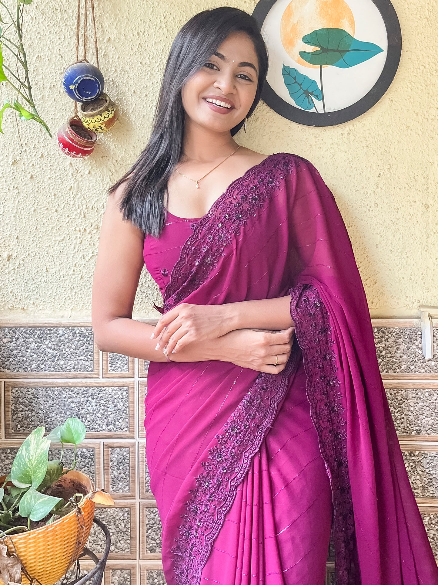 Women's Georgette Magenta Embroidered Designer Saree With Blouse Piece