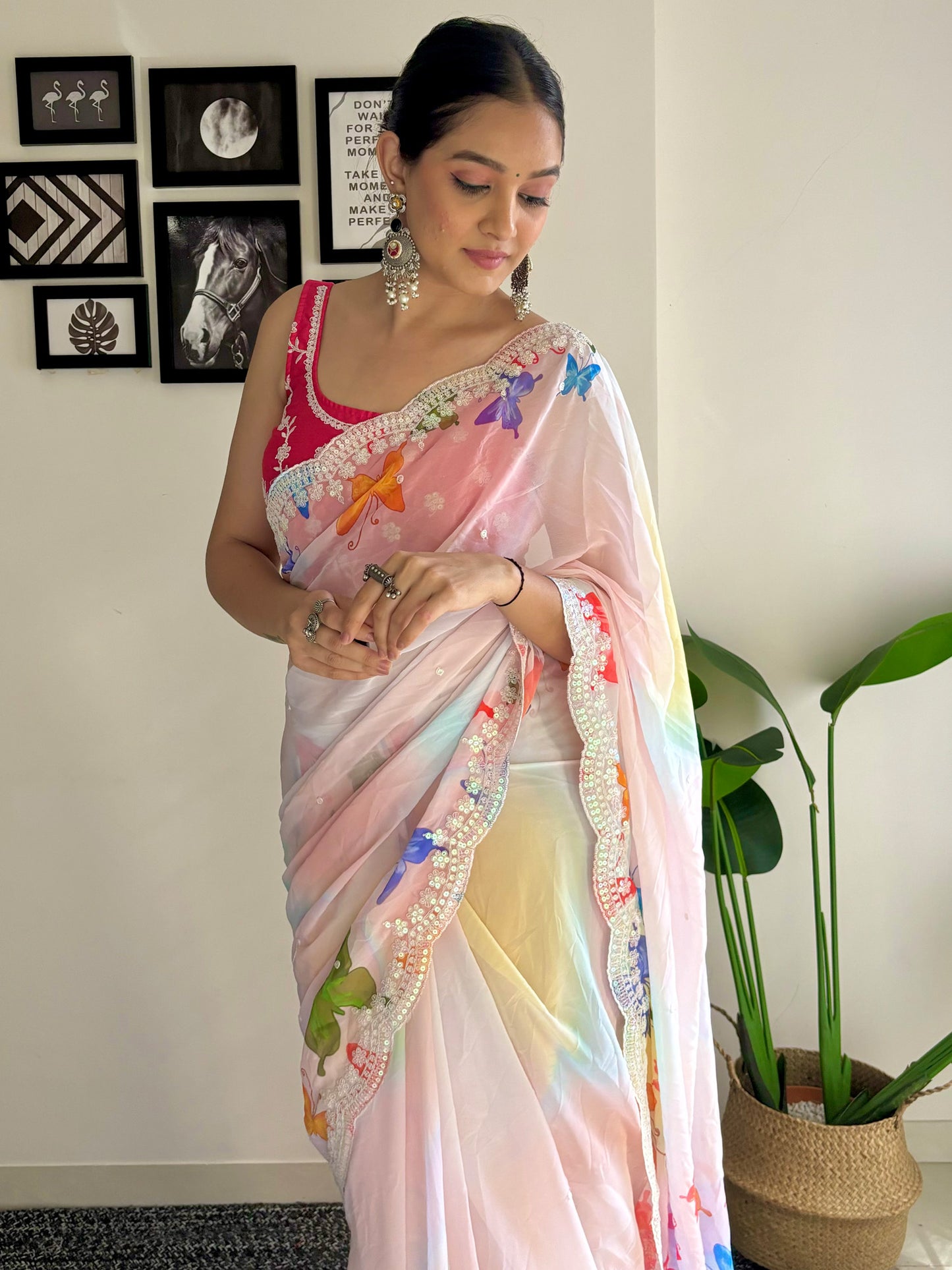 Women's Georgette Pink Embellished Designer Saree With Blouse Piece