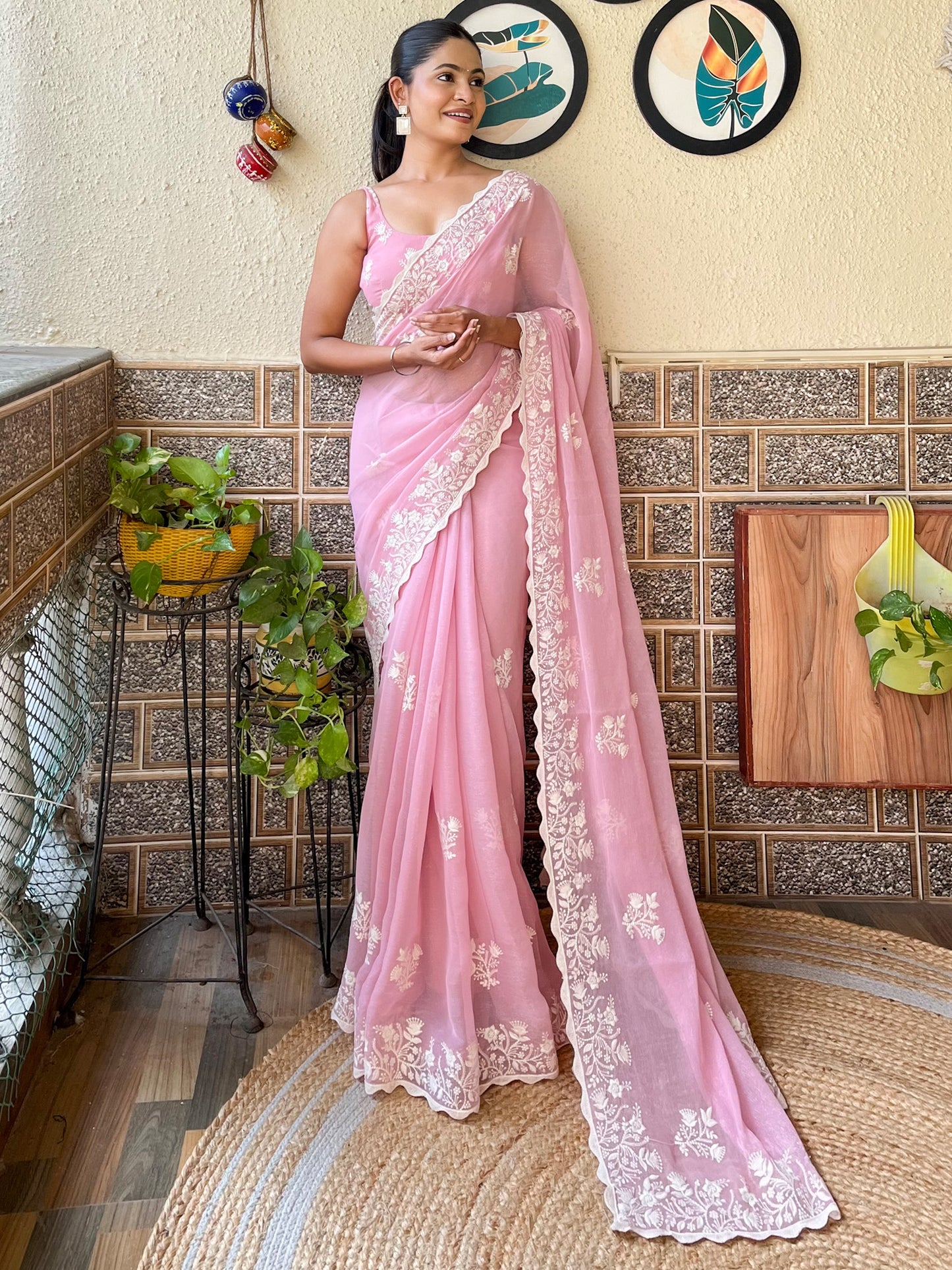 Women's Georgette Pink Embroidered Designer Saree With Blouse Piece