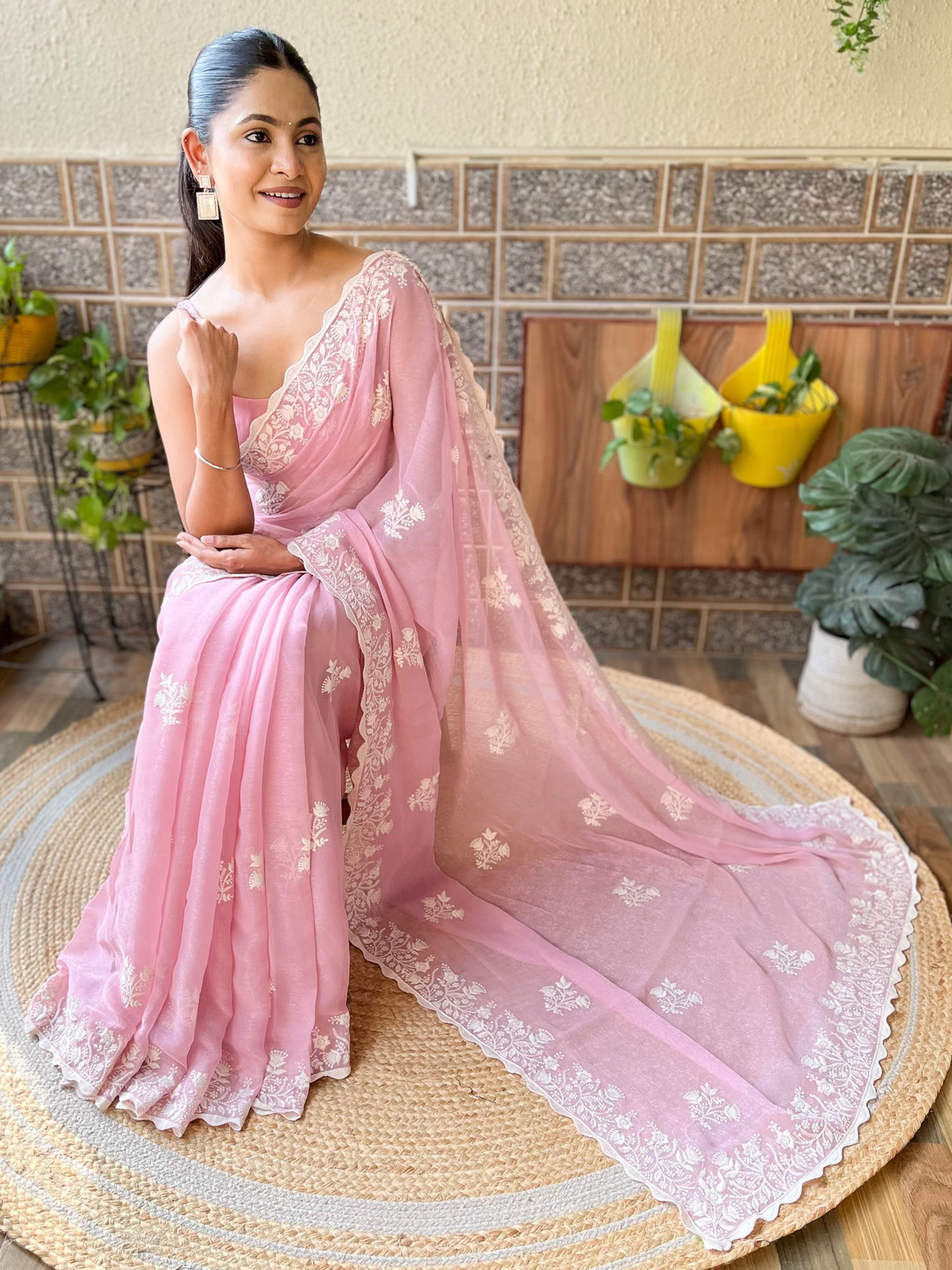 Women's Georgette Pink Embroidered Designer Saree With Blouse Piece