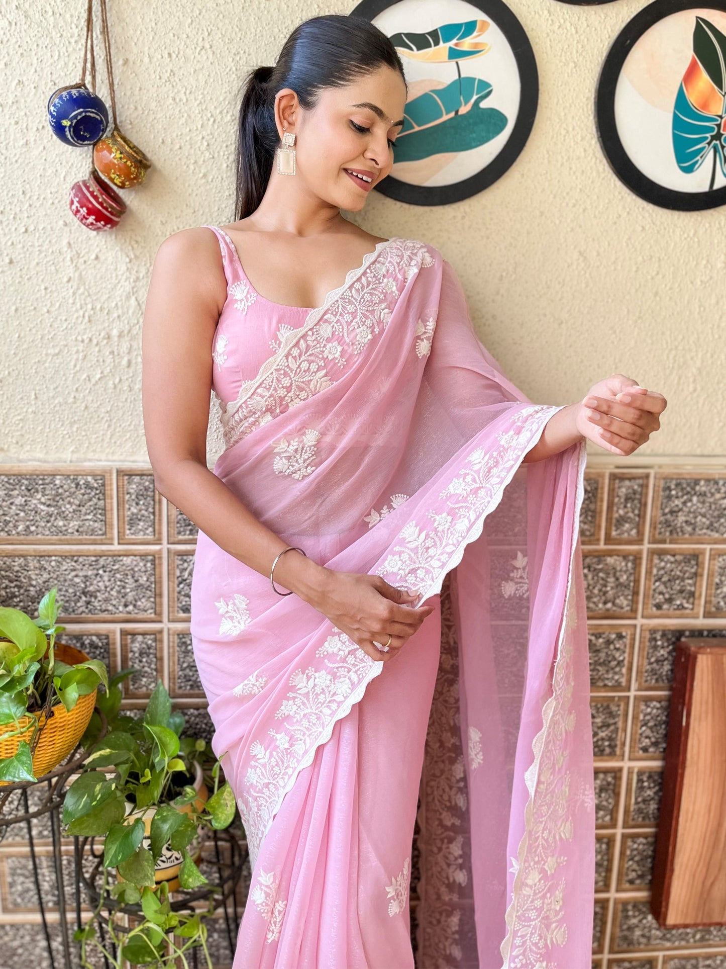 Women's Georgette Pink Embroidered Designer Saree With Blouse Piece