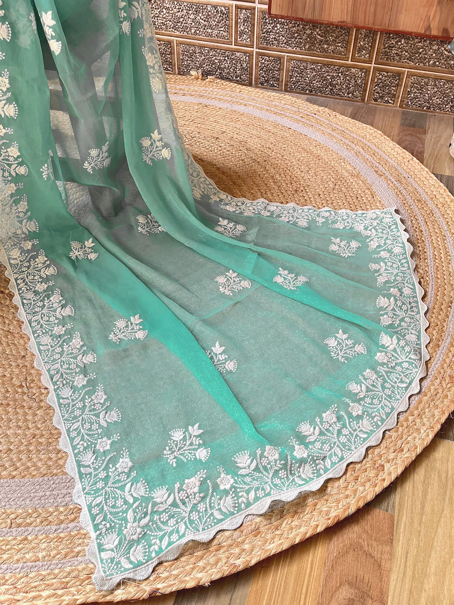 Women's Georgette Turquoise Embroidered Designer Saree With Blouse Piece