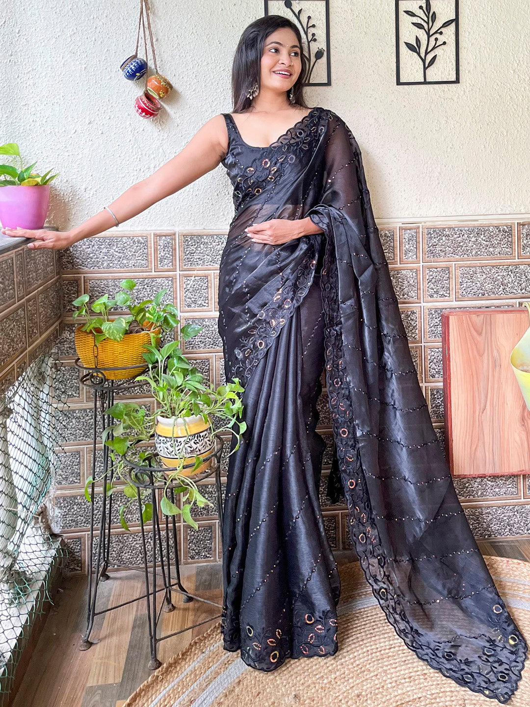 Women's Organza Black Embellished Designer Saree With Blouse Piece