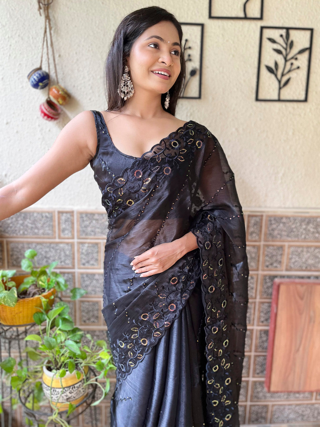 Women's Organza Black Embellished Designer Saree With Blouse Piece