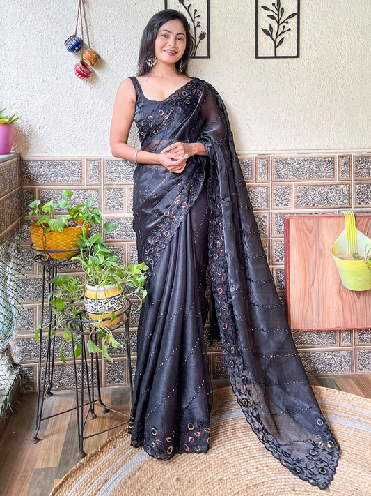 Women's Organza Black Embellished Designer Saree With Blouse Piece