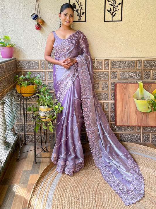 Women's Organza Lavendar Embellished Designer Saree With Blouse Piece