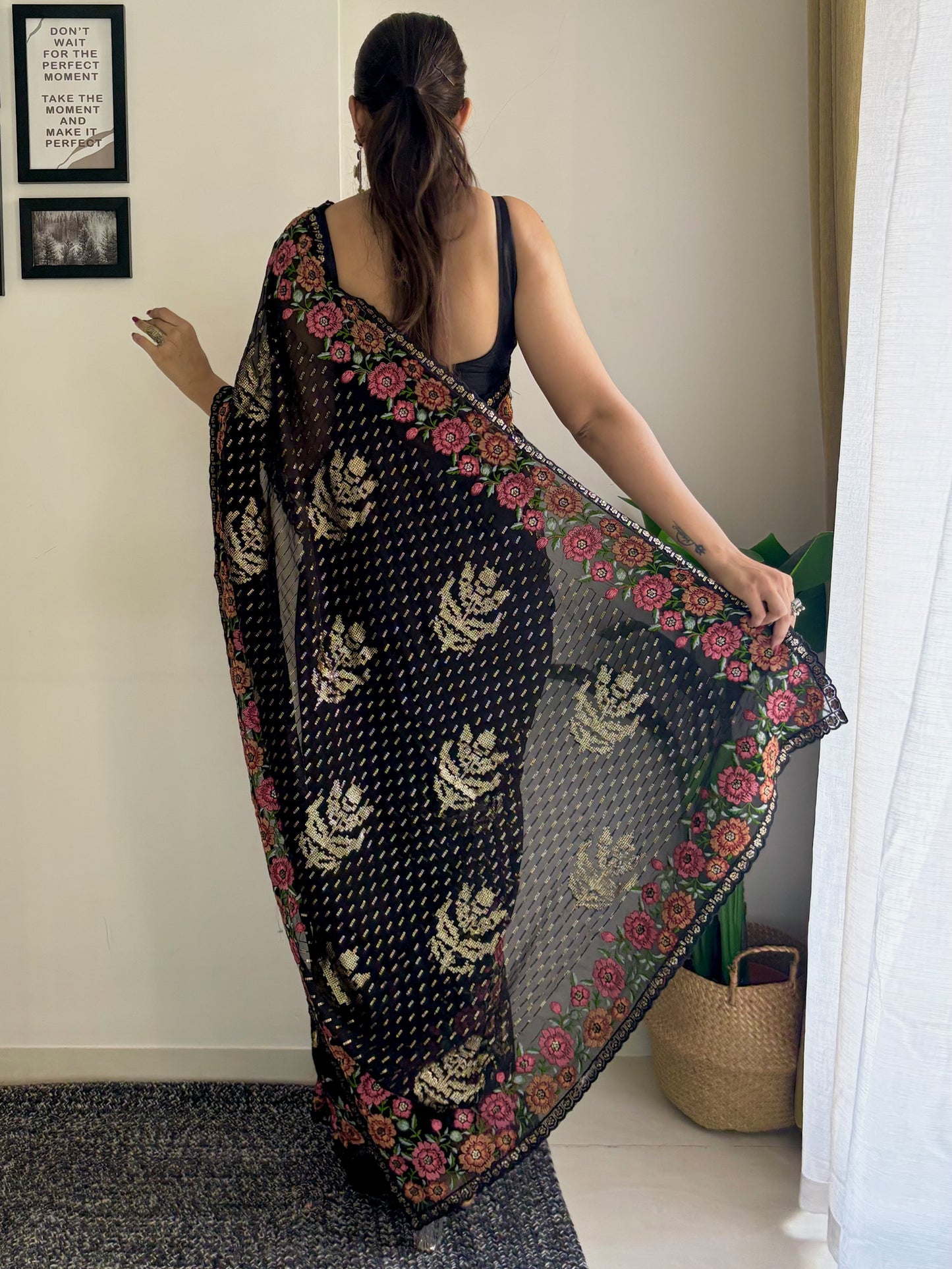 Women's Georgette Black Embellished Designer Saree With Blouse Piece