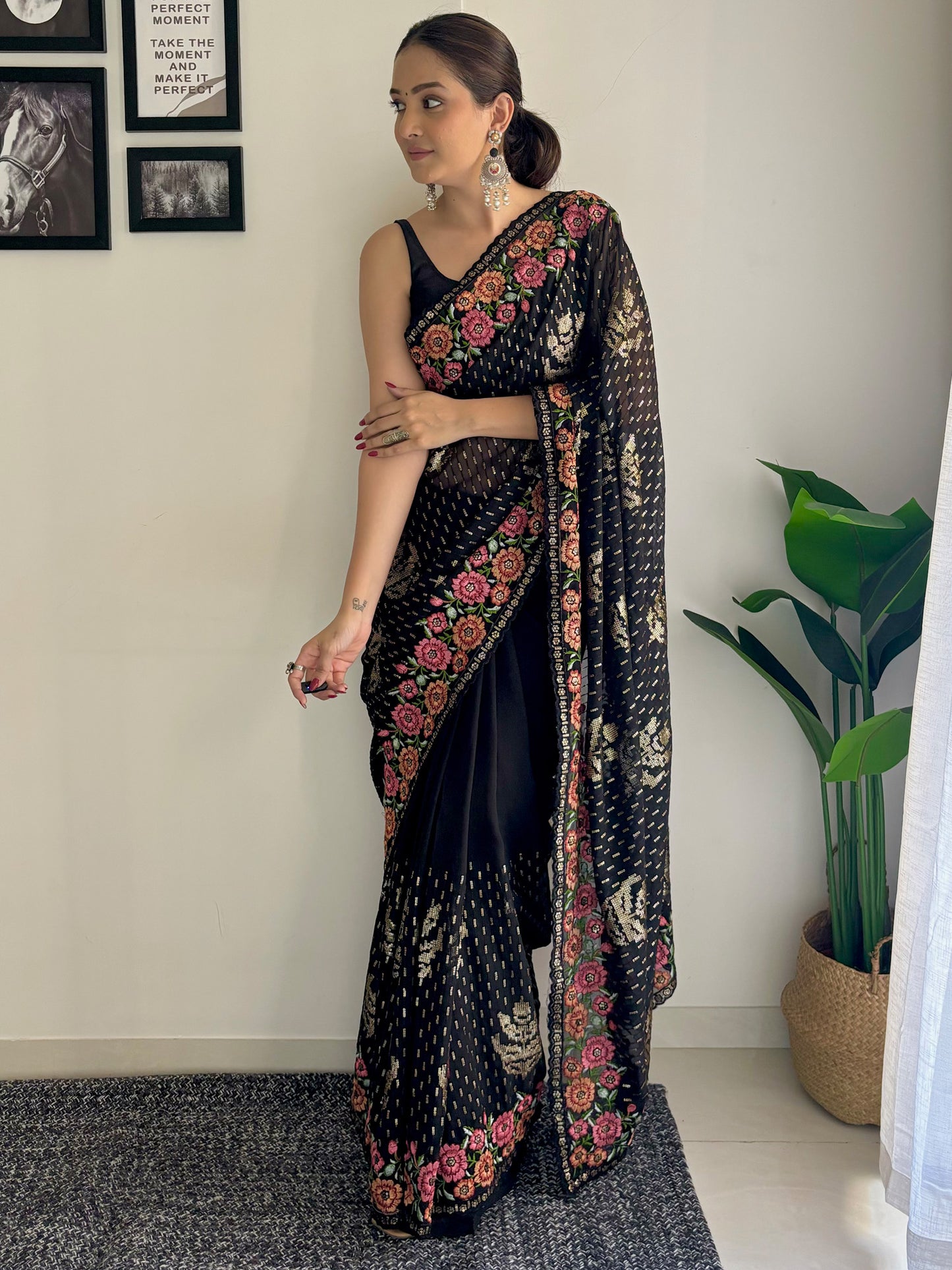 Women's Georgette Black Embellished Designer Saree With Blouse Piece