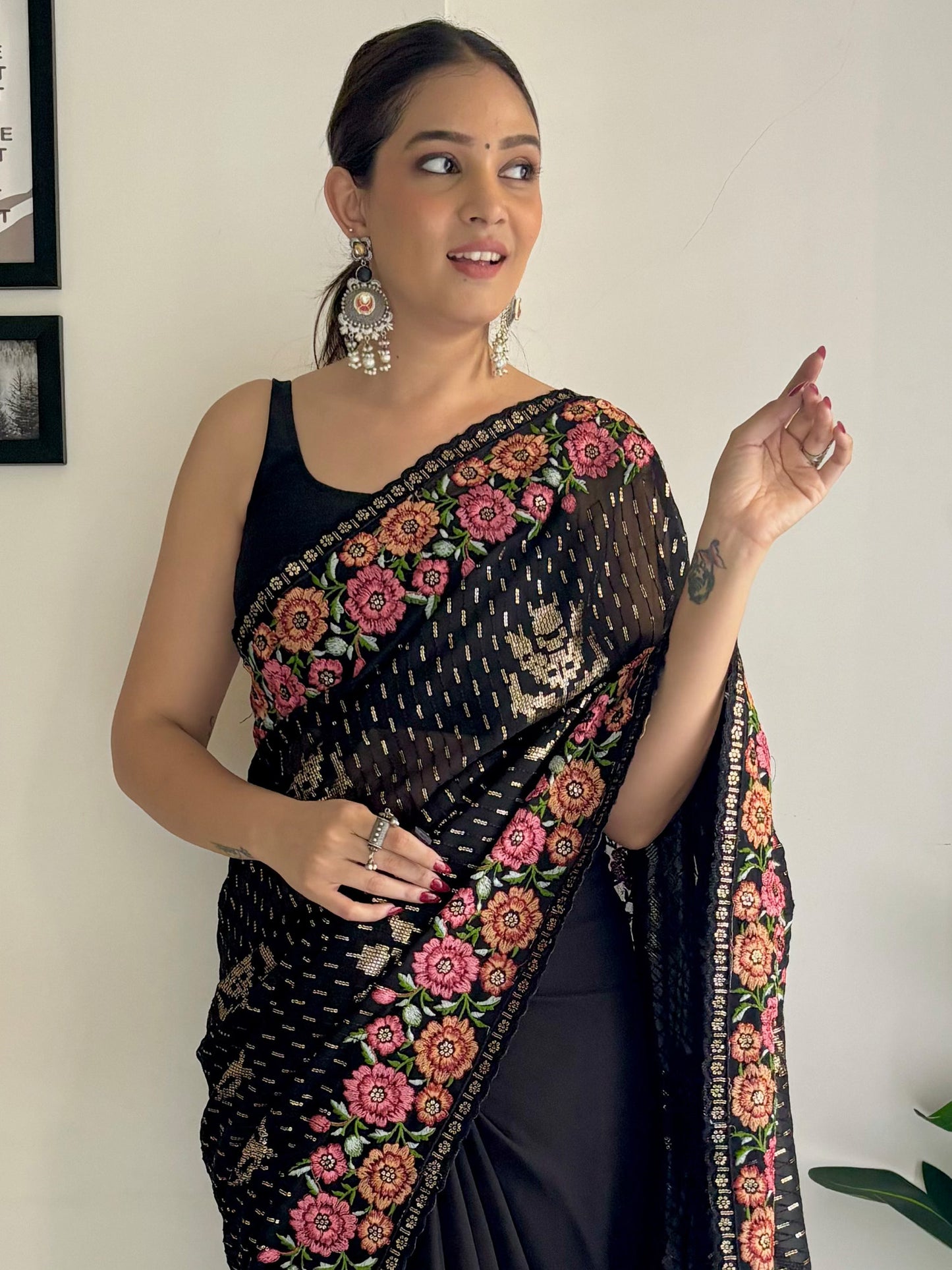 Women's Georgette Black Embellished Designer Saree With Blouse Piece