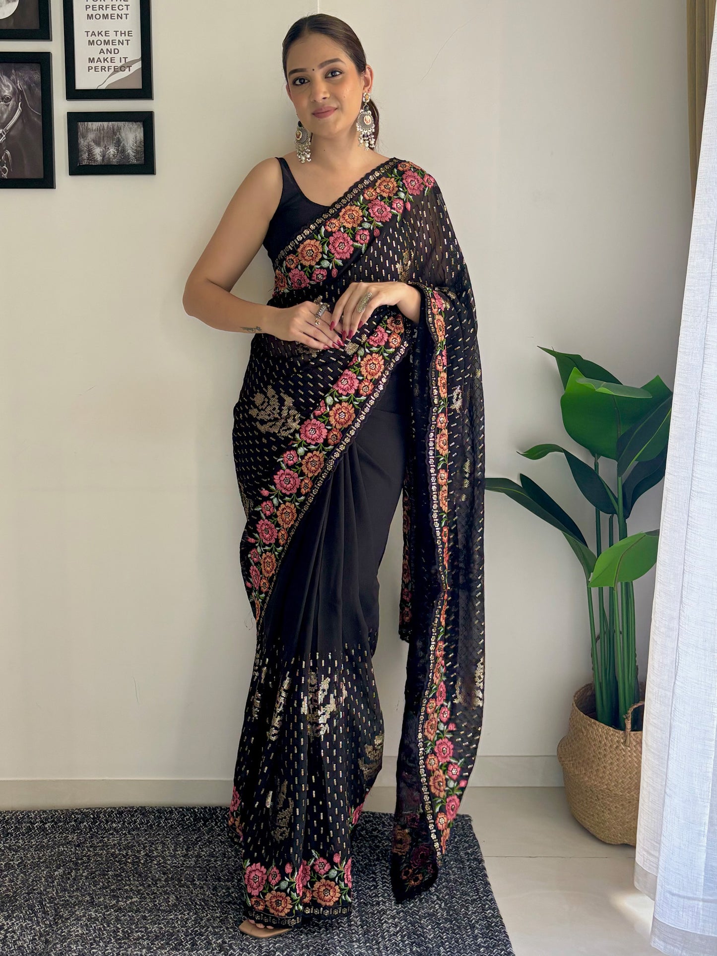 Women's Georgette Black Embellished Designer Saree With Blouse Piece