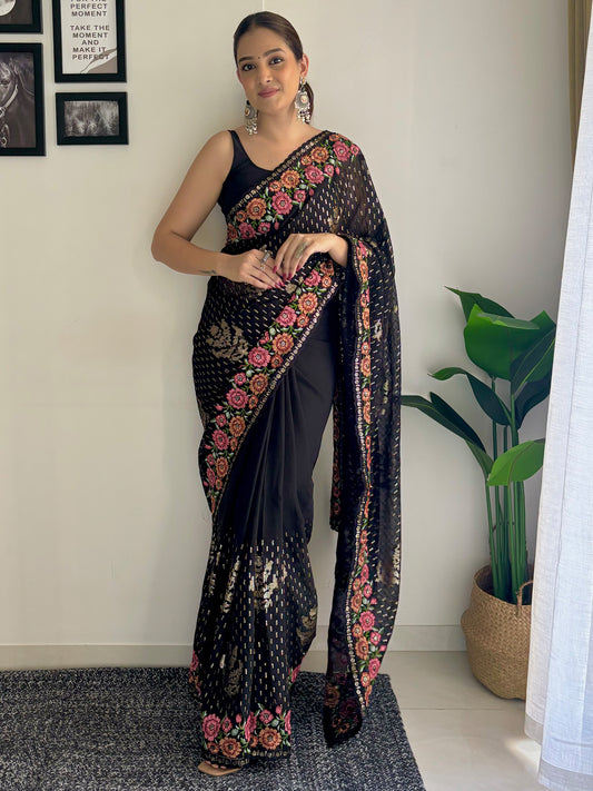 Women's Georgette Black Embellished Designer Saree With Blouse Piece