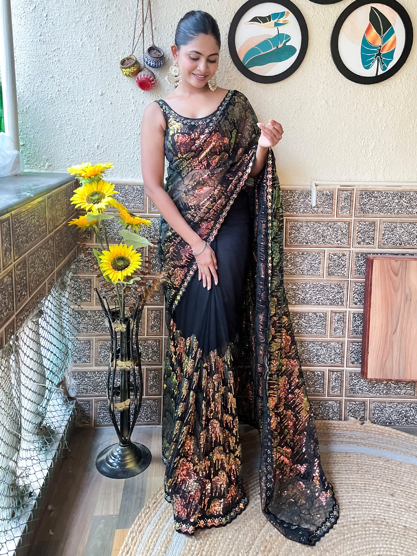 Women's Net Black Embellished Designer Saree With Blouse Piece
