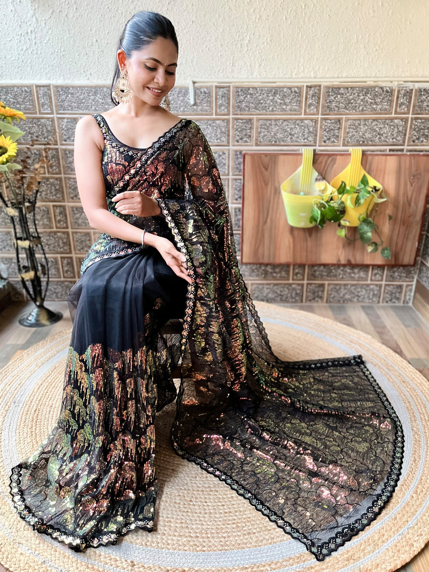 Women's Net Black Embellished Designer Saree With Blouse Piece