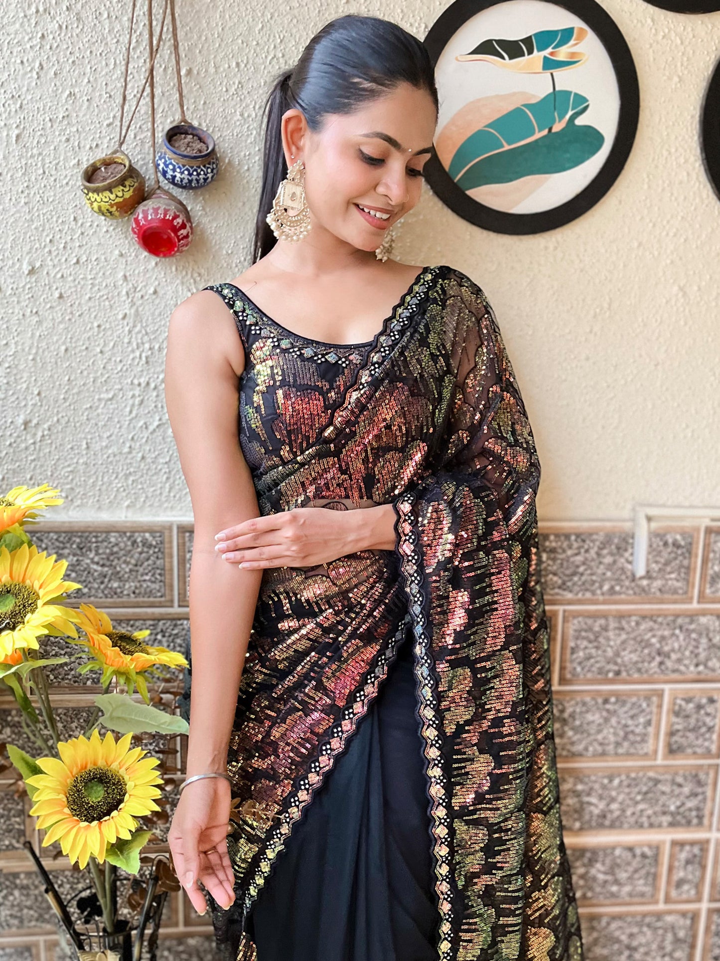 Women's Net Black Embellished Designer Saree With Blouse Piece