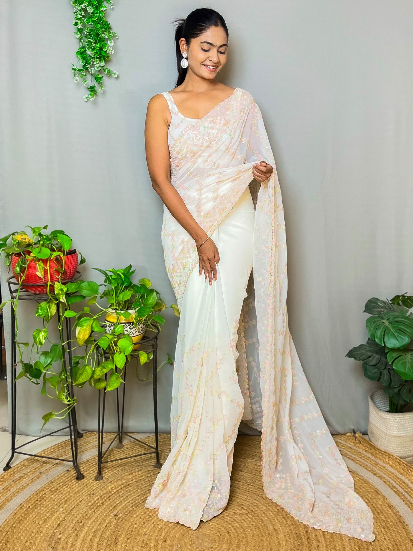 Women's Georgette Cream Embellished Designer Saree With Blouse Piece